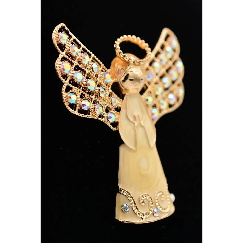 Monet Vintage Crystal Angel Pin Brooch Enamel Gold AB Rhinestone Christmas BinAT